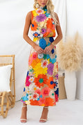 Sommerliches Ärmelloses Maxikleid mit Halsband, Tailliertem Schnitt und Floral-Design