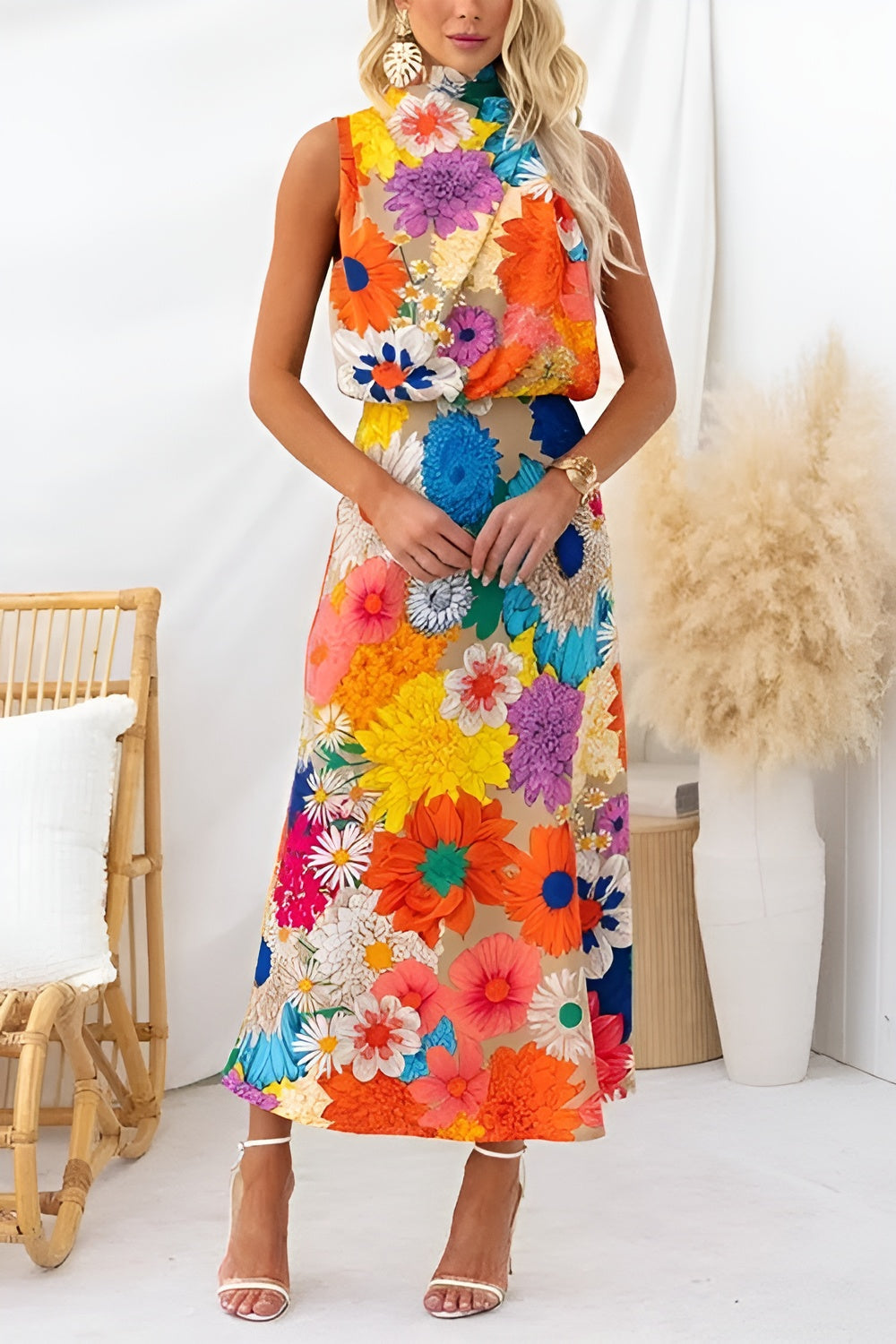 Sommerliches Ärmelloses Maxikleid mit Halsband, Tailliertem Schnitt und Floral-Design