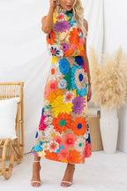 Sommerliches Ärmelloses Maxikleid mit Halsband, Tailliertem Schnitt und Floral-Design