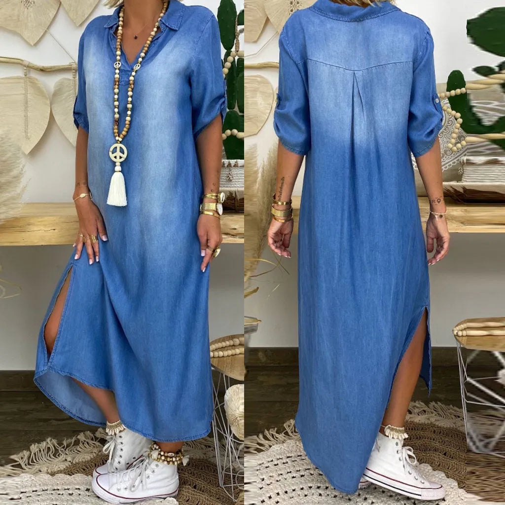 Andrea™ – Langärmliges Jeanskleid mit seitlichem Schlitz