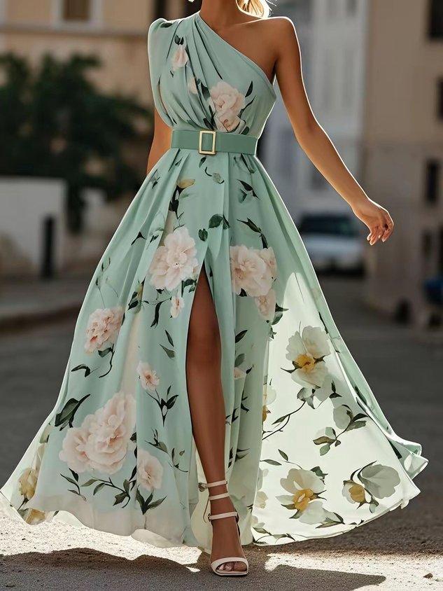 Julie | Hellgrünes Chiffon-Maxikleid mit floralem Muster und asymmetrischem Schulterdesign