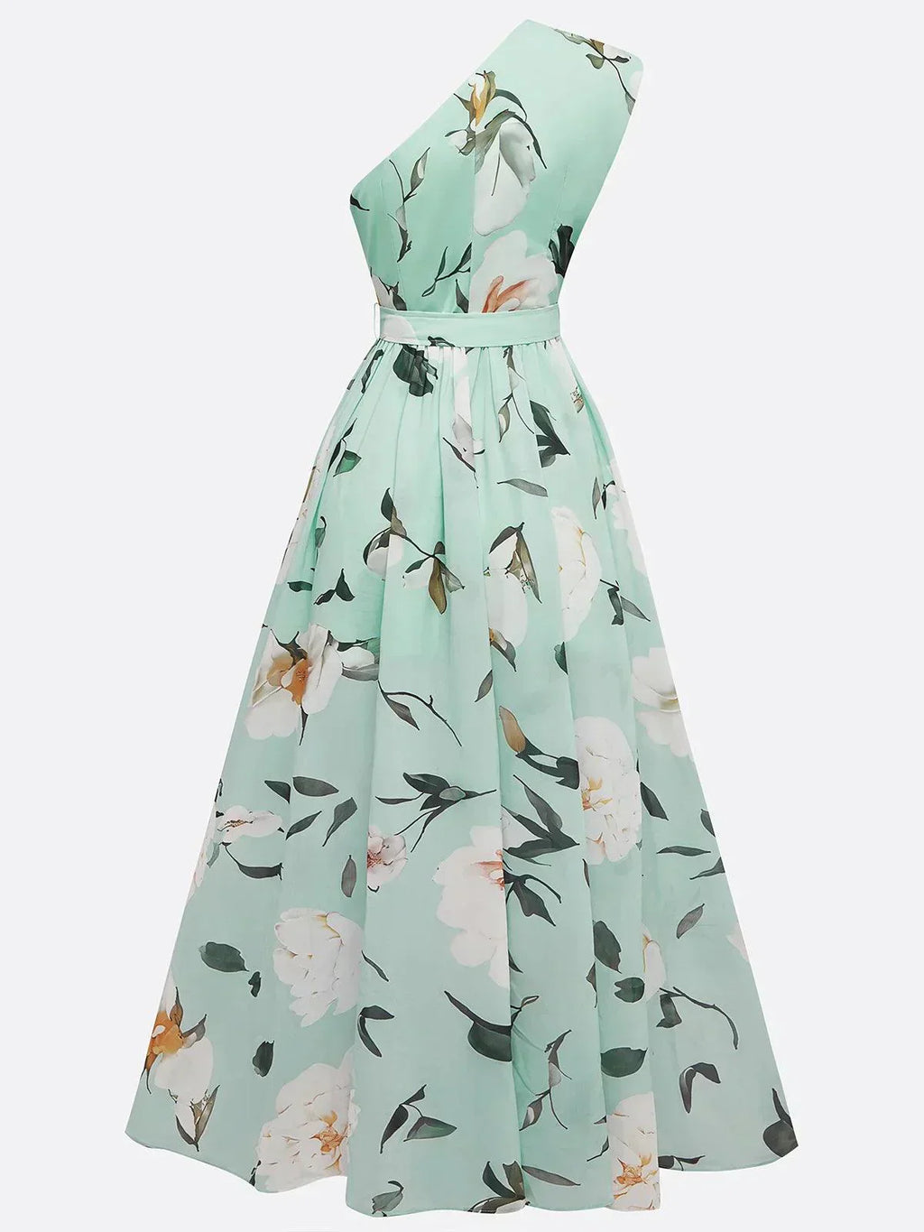 Julie | Hellgrünes Chiffon-Maxikleid mit floralem Muster und asymmetrischem Schulterdesign