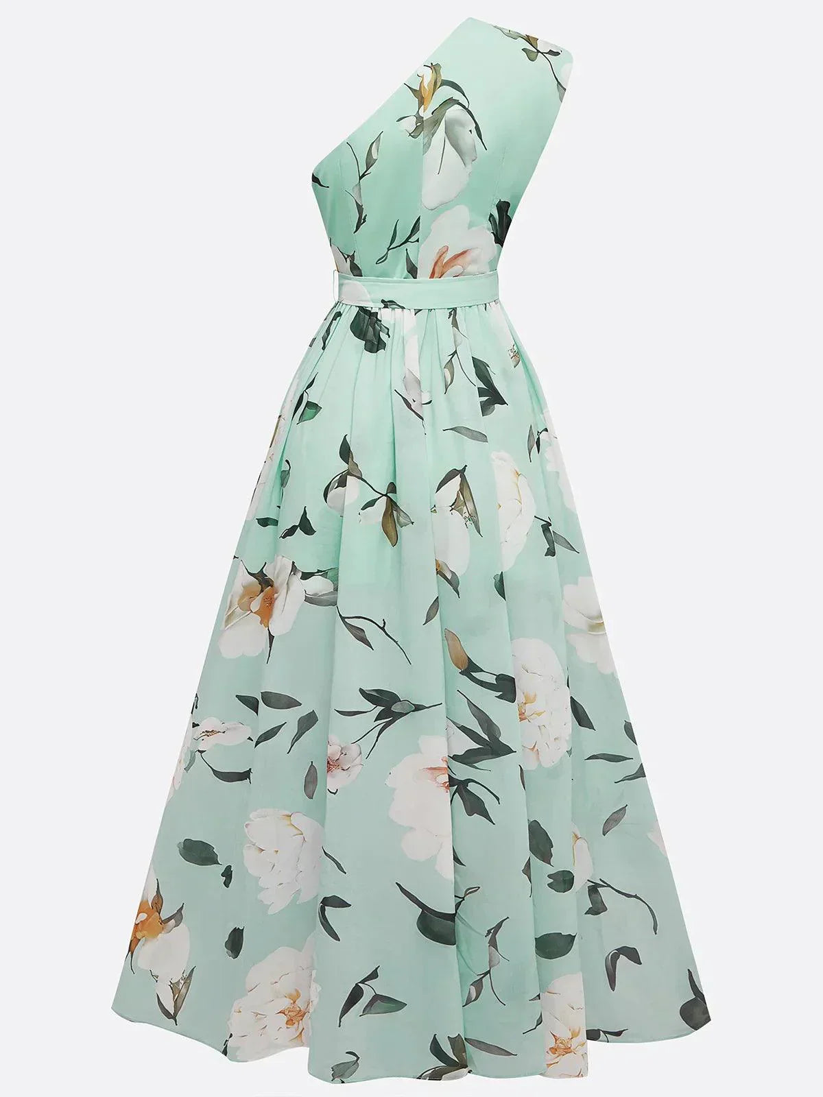 Julie | Hellgrünes Chiffon-Maxikleid mit floralem Muster und asymmetrischem Schulterdesign