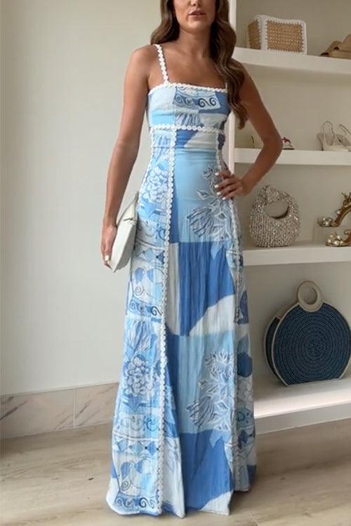 Eleonore | Bedrucktes Maxikleid mit Zickzack-Trägern und Rückenschnürung