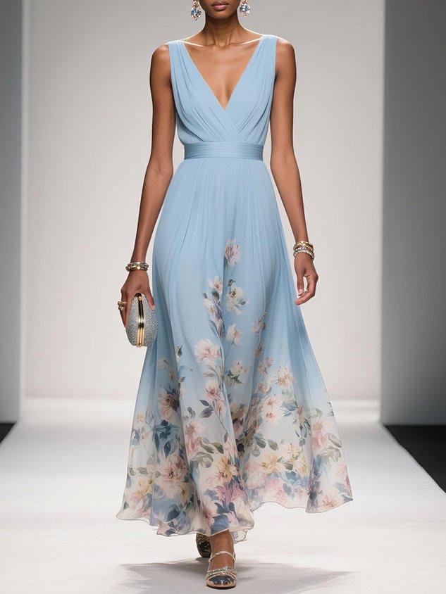 Rose | Hellblaues Chiffon-Maxikleid mit floralem Design und V-Ausschnitt
