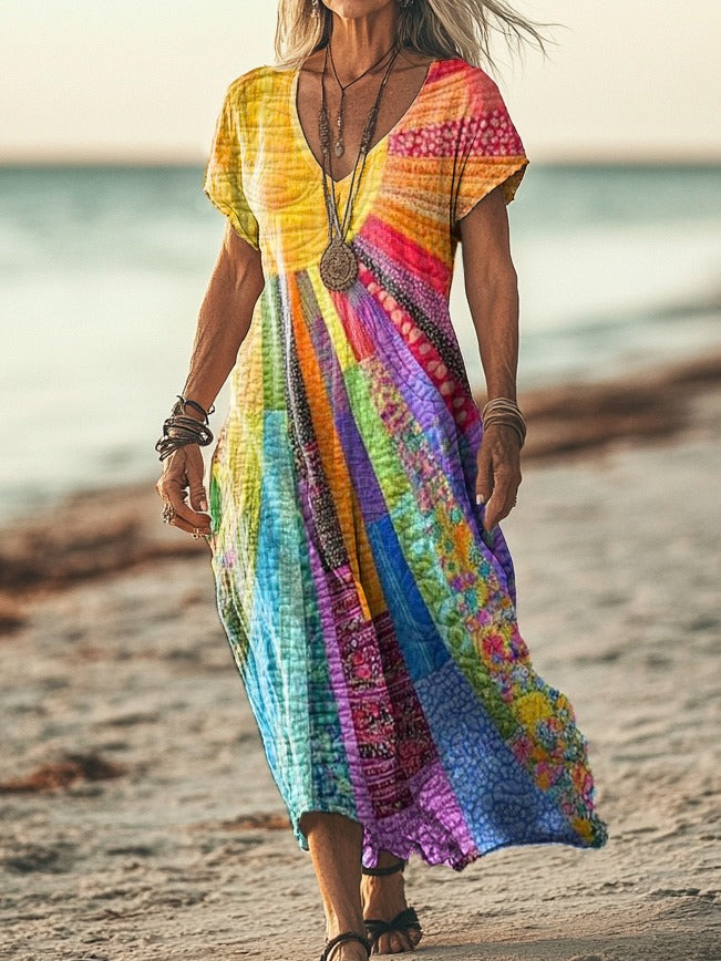 Nery™ – V-Neck Dress with Color Stripes