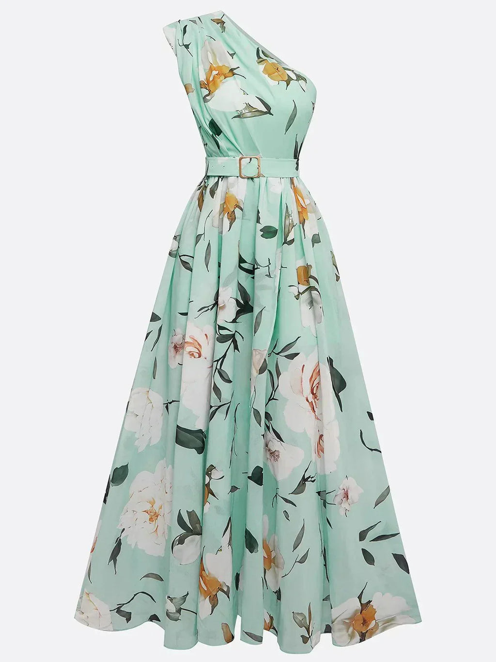 Julie | Hellgrünes Chiffon-Maxikleid mit floralem Muster und asymmetrischem Schulterdesign