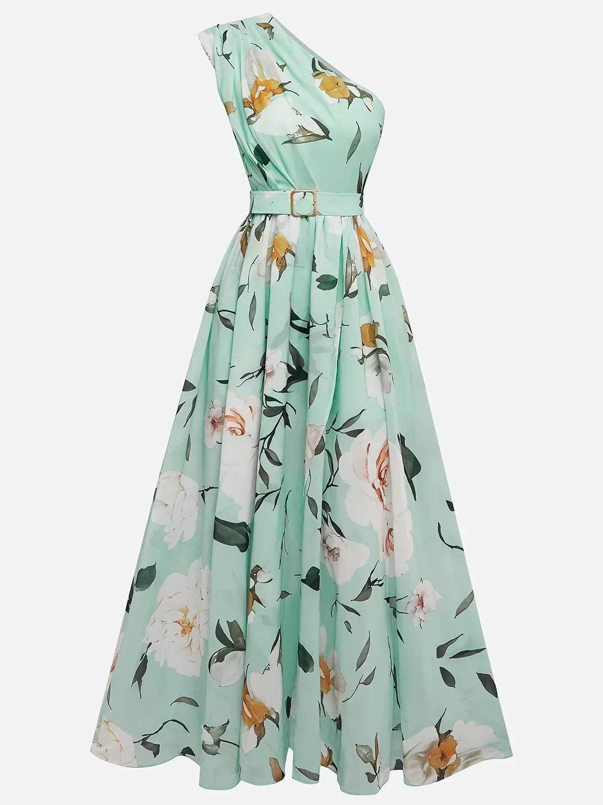 Julie | Hellgrünes Chiffon-Maxikleid mit floralem Muster und asymmetrischem Schulterdesign