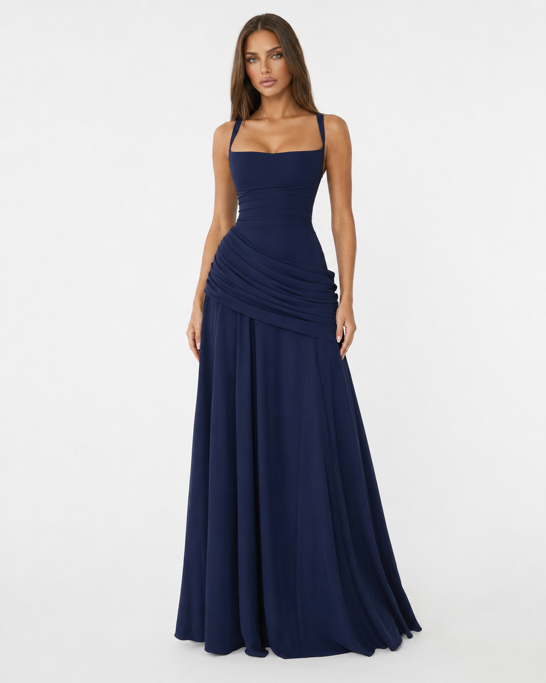 Estelle | Maxikleid mit Gerafftem Eckigem Ausschnitt