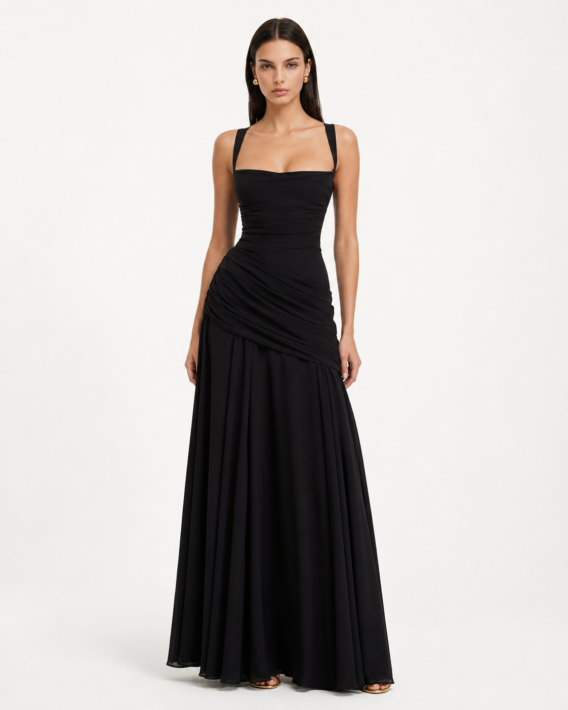 Estelle | Maxikleid mit Gerafftem Eckigem Ausschnitt