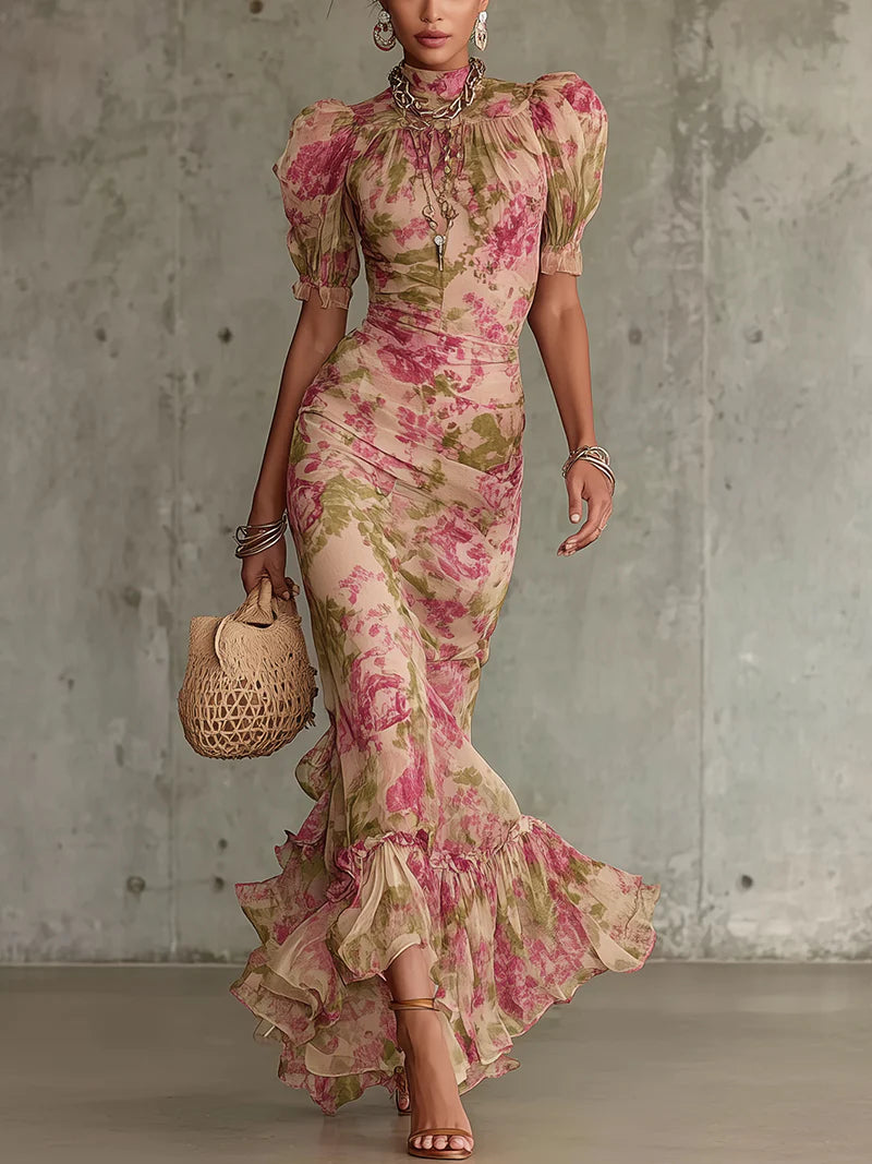 Mae | Maxikleid mit nostalgischem Rosenprint und Puffärmeln