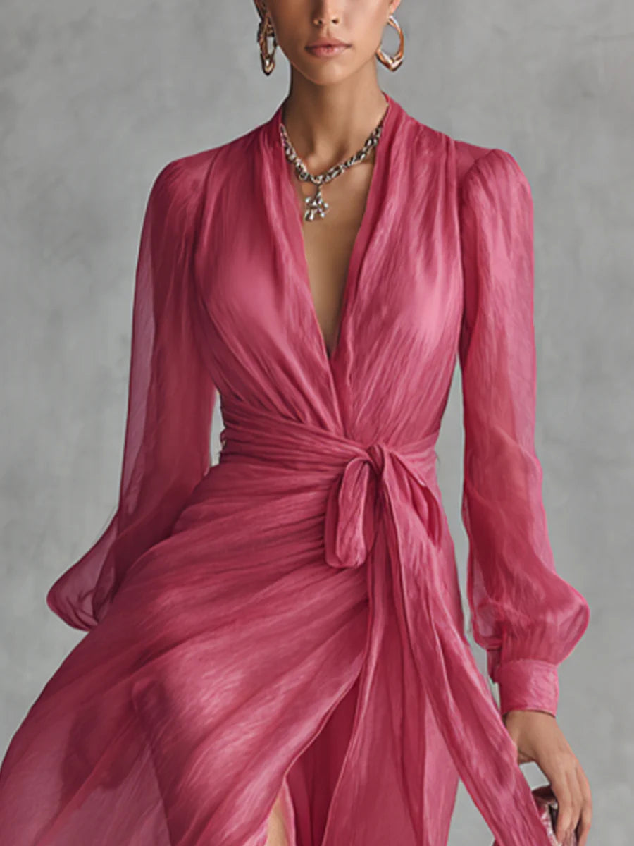 Beatrice | Elegantes Chiffon-Maxikleid mit V-Ausschnitt und Taillengürtel
