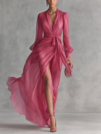 Beatrice | Elegantes Chiffon-Maxikleid mit V-Ausschnitt und Taillengürtel