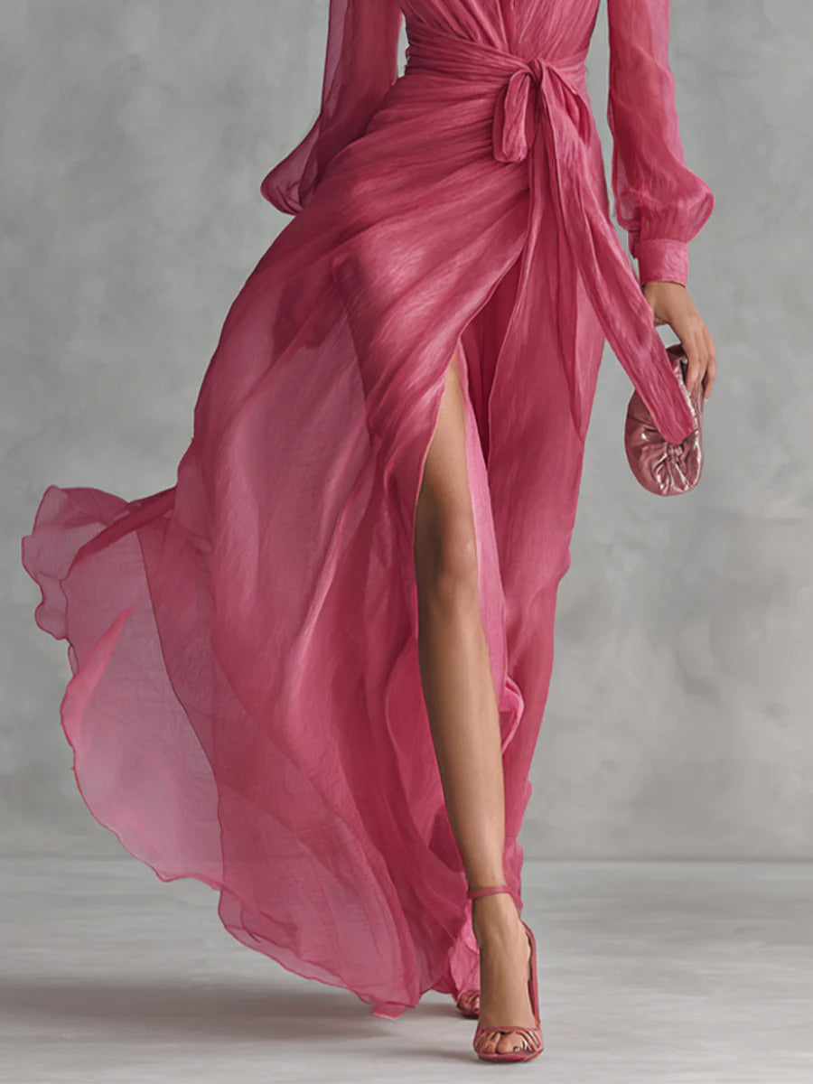 Beatrice | Elegantes Chiffon-Maxikleid mit V-Ausschnitt und Taillengürtel