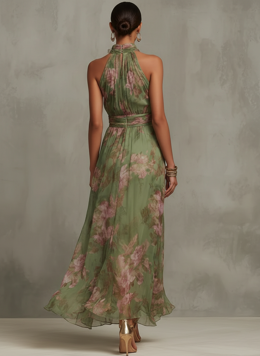 Florenz | Grünes Maxikleid aus Chiffon mit floralem Halterdesign