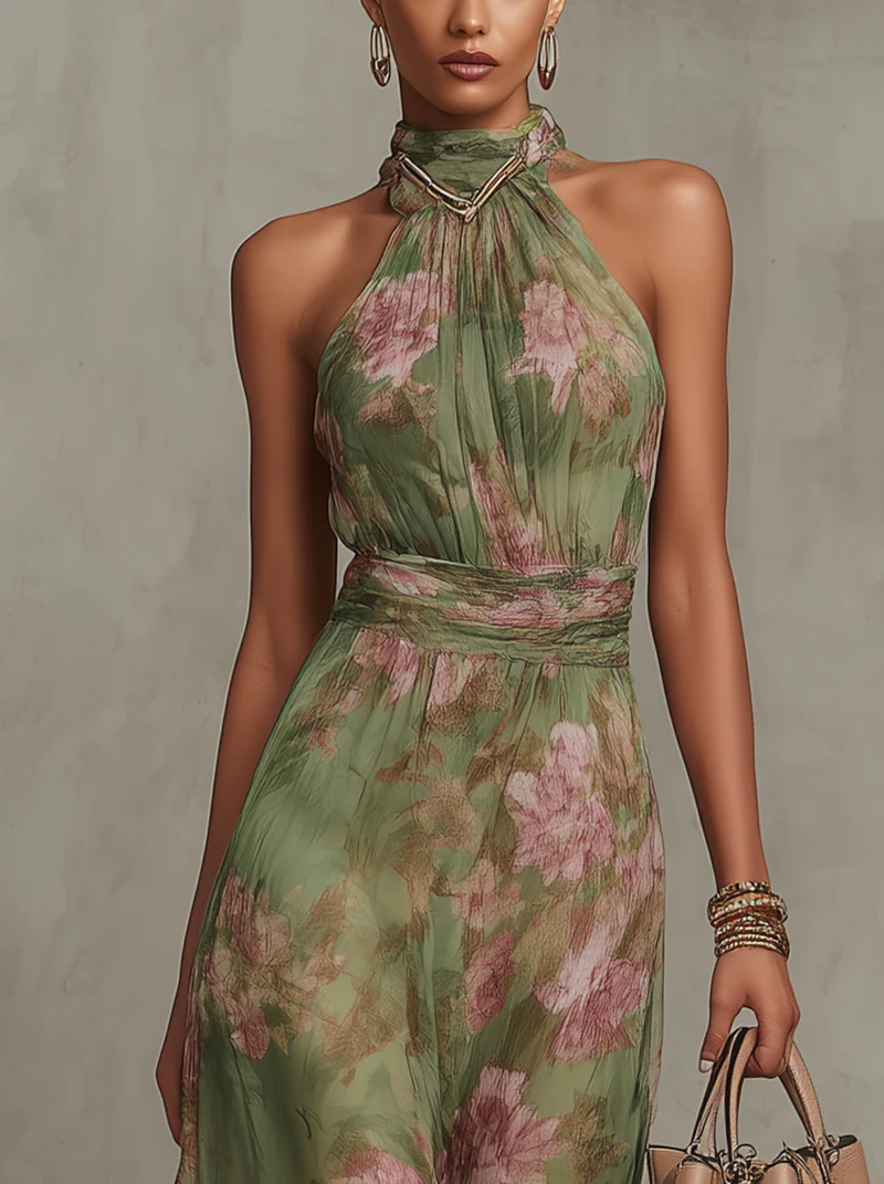 Florenz | Grünes Maxikleid aus Chiffon mit floralem Halterdesign