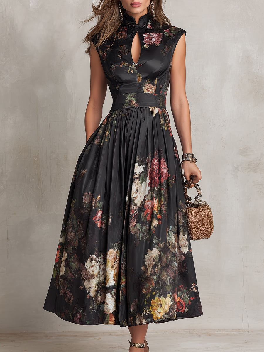 Patricia | Schwarzes Satin-Midikleid mit Falten und floralem Design