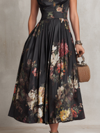 Patricia | Schwarzes Satin-Midikleid mit Falten und floralem Design