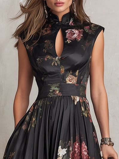Patricia | Schwarzes Satin-Midikleid mit Falten und floralem Design