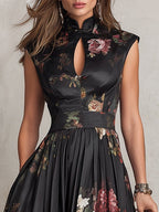 Patricia | Schwarzes Satin-Midikleid mit Falten und floralem Design