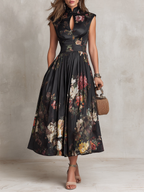 Patricia | Schwarzes Satin-Midikleid mit Falten und floralem Design