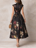 Patricia | Schwarzes Satin-Midikleid mit Falten und floralem Design