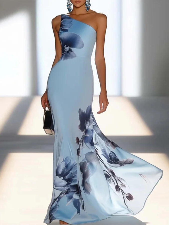 Victoria | Off-Shoulder Satin-Print Maxi Dress