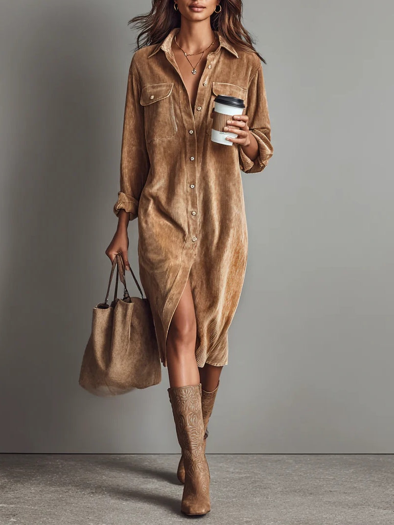 Jessy™ – Elegantes Midikleid aus weichem Cord mit funktionalen Brusttaschen